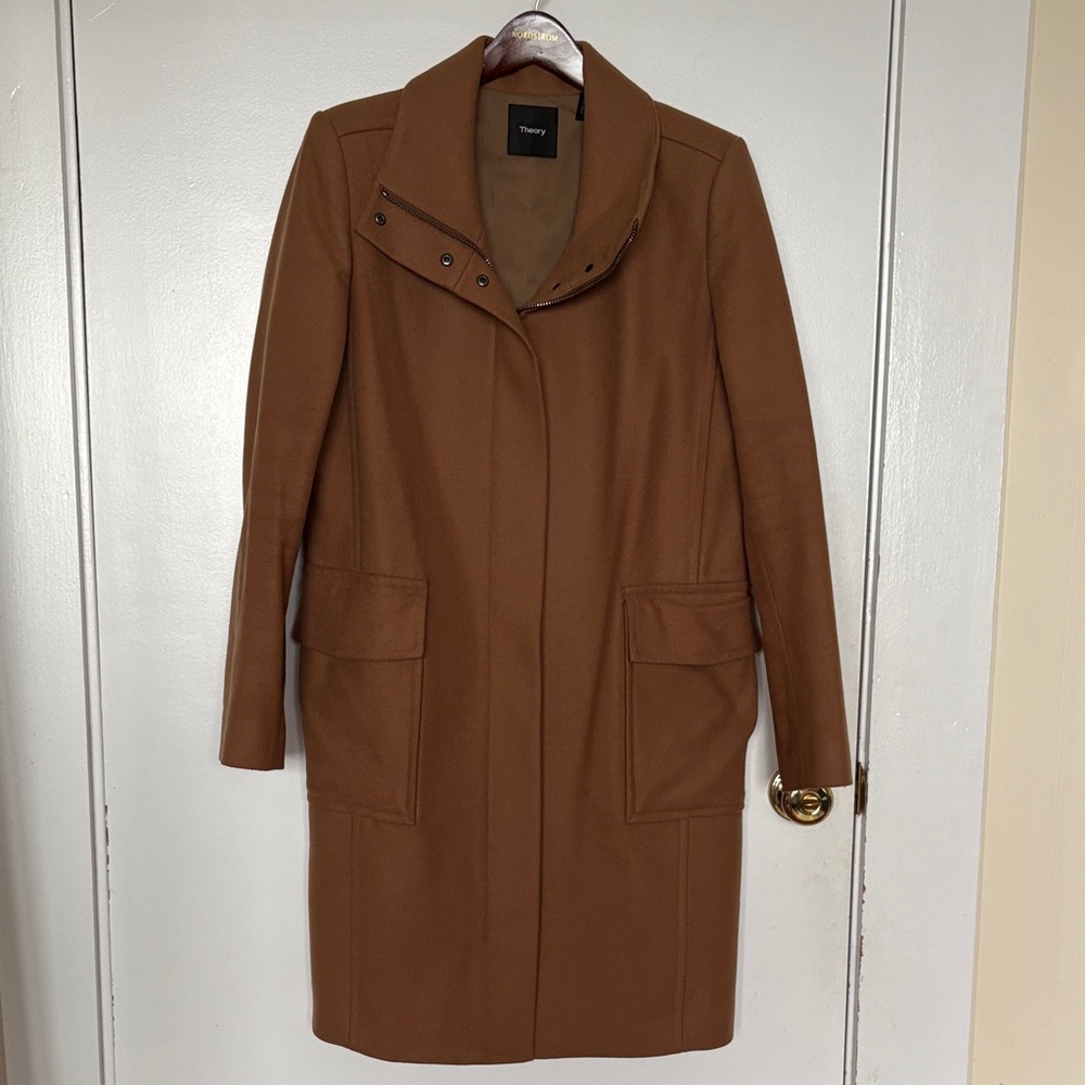Theory wool cashmere brown trench.